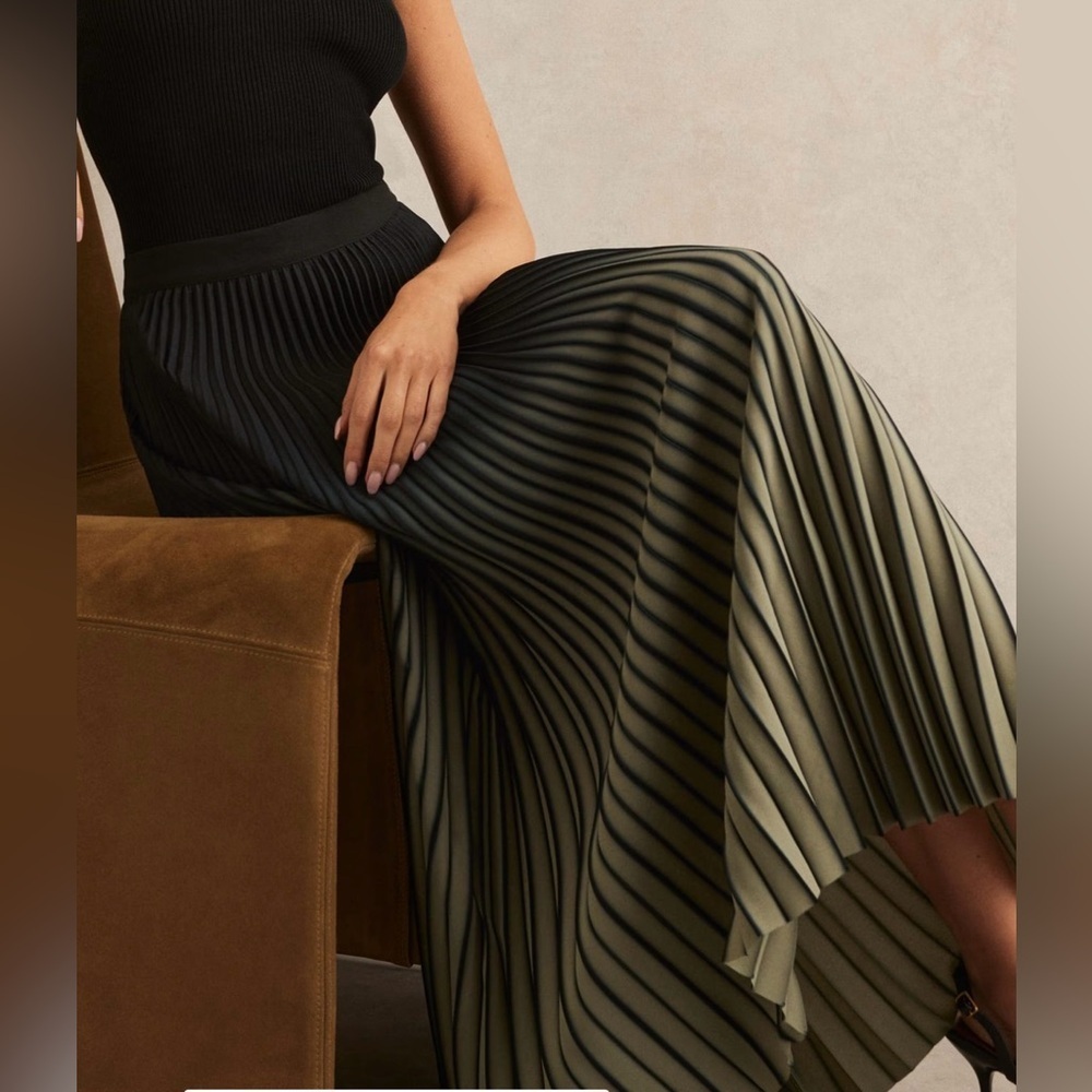 NEW Reiss Marlie Ombré Pleated Maxi Skirt in Khaki Olive/Black Sz 4